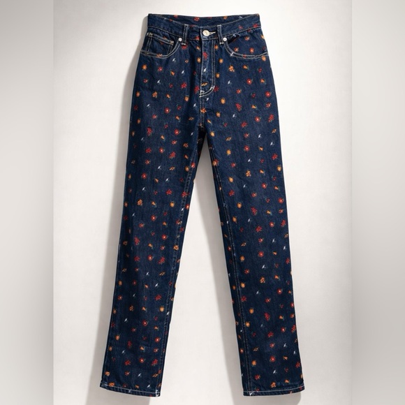 X-Girl Denim - X-girl Floral Embroidered Straight Leg Jeans, cotton, drk blue/red, sz1 (24),EUC